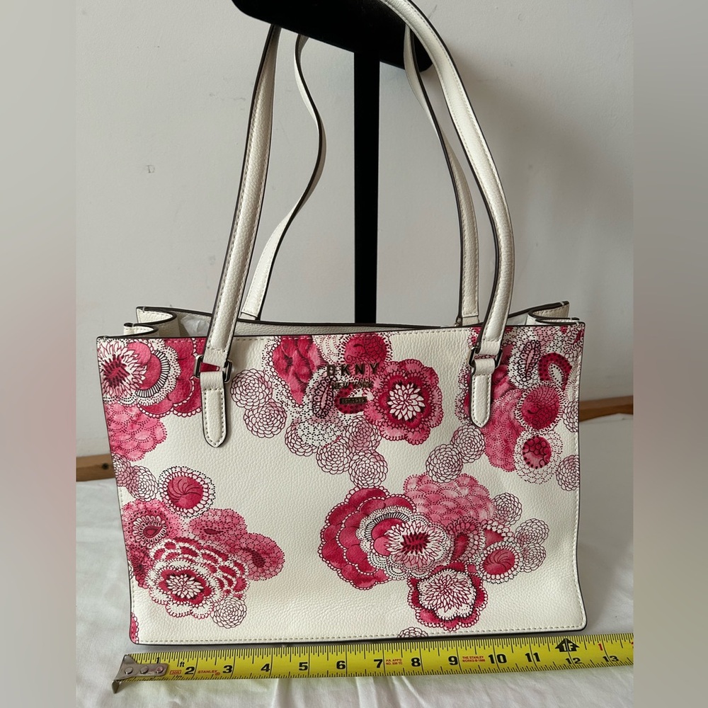 DKNY Leather Pink and White Floral Tote Bag